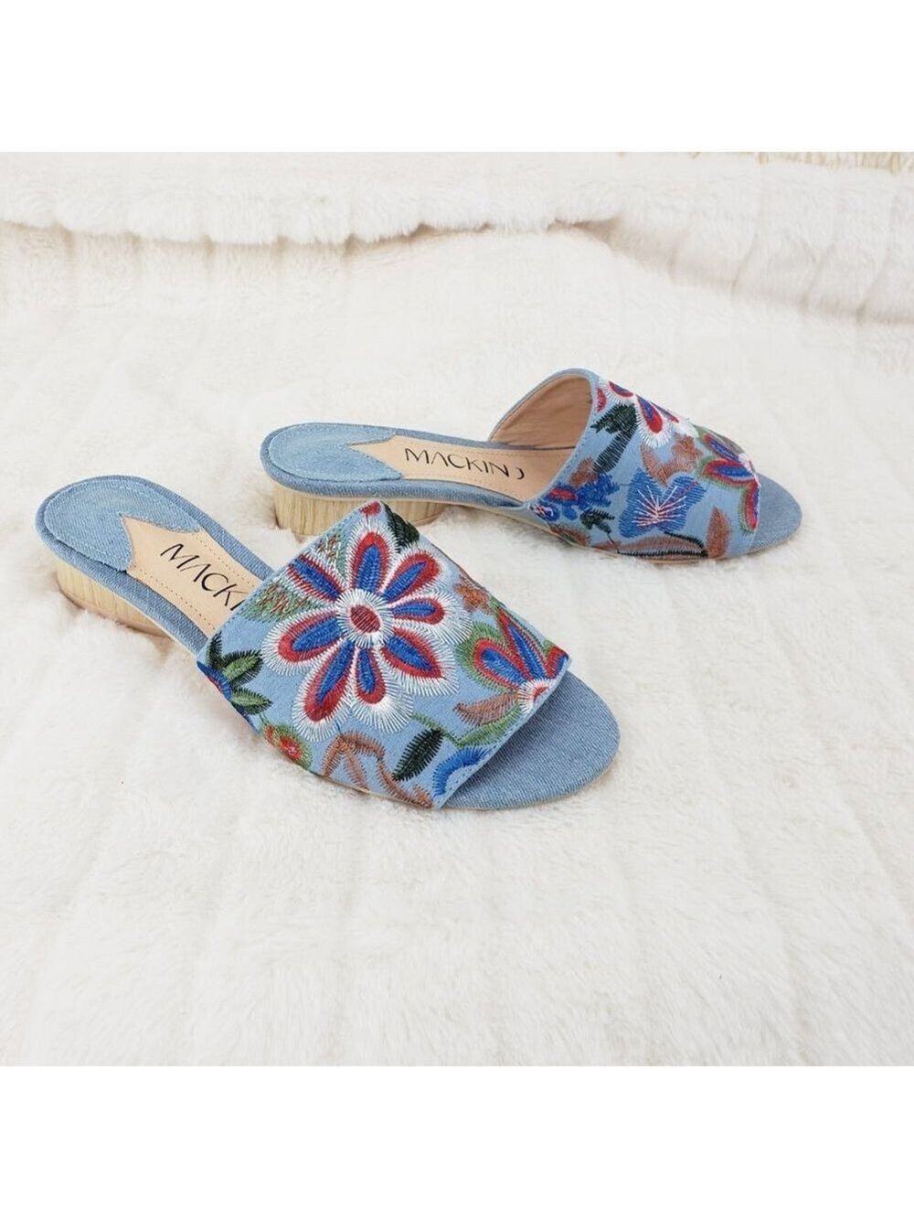 Flower Power Embroidered Denim slip on mule clogs Wood Wrap Heels 70's - Picture 7 of 10
